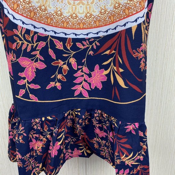 Navy Orange Floral Medallion Print Tunic Top S M - Picture 9 of 9